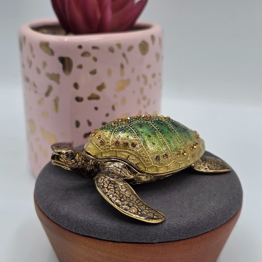 Enamel Trinket Box Turtle Hinged Jeweled‎ Decorative Figurine Collectible